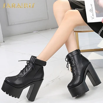 

Sarairis 2020 New Fashion Super High Heels Lace Up Ankle Boots Women Shoes Platform Cross-tied Black Shoes Lady Boots