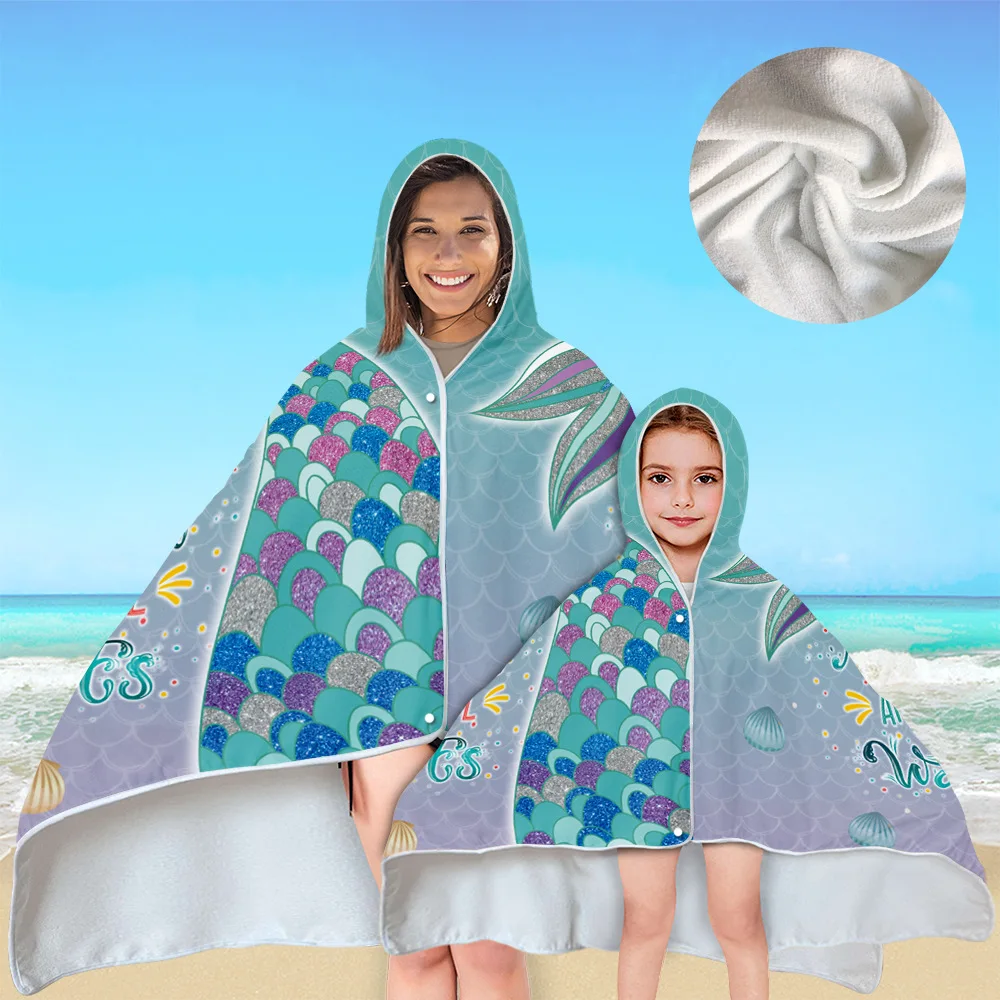 150*200cm Children's Adult Mermaid Water-absorbing Wind-proof Sun-proof Hooded Cloak Square Bath Towel Hood Wearable Beach Towel