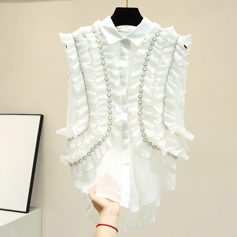 Женская шифоновая блузка VGH лоскутные оборки воротник с отворотом без рукавов