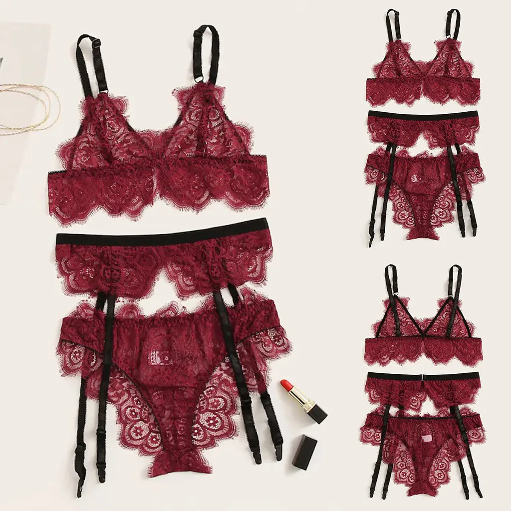 

Floral Lace Garter Sexy Lingerie Set Women Intimates 2019 Underwire Transparent Bra And Thongs Underwear Set