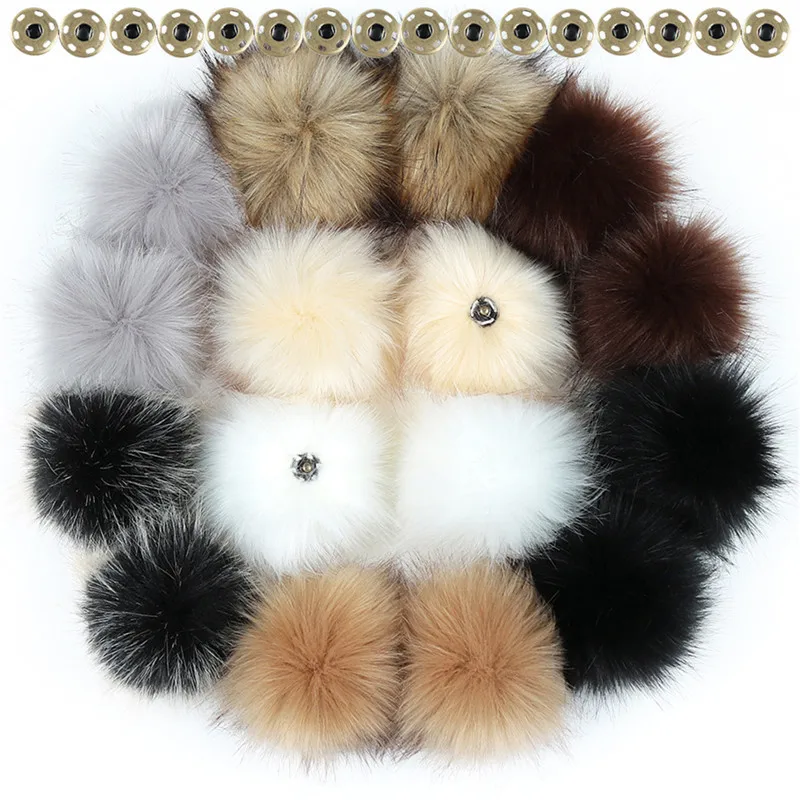 16pcs Fur Pom Pom Balls With Rubber Band Snap Button Shoes Hats Bags Fluffy Pom Pom DIY Hand Ornaments Crafts Accessories 8/10cm