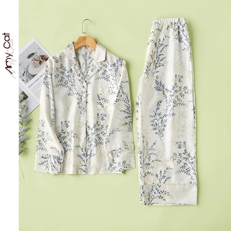 

2020 Spring Lysell Simple Fresh Wicker Printing Pajama Set Women Long Sleeve Tencel Pajamas Loungewear Satin Sleepwear 2 Piece