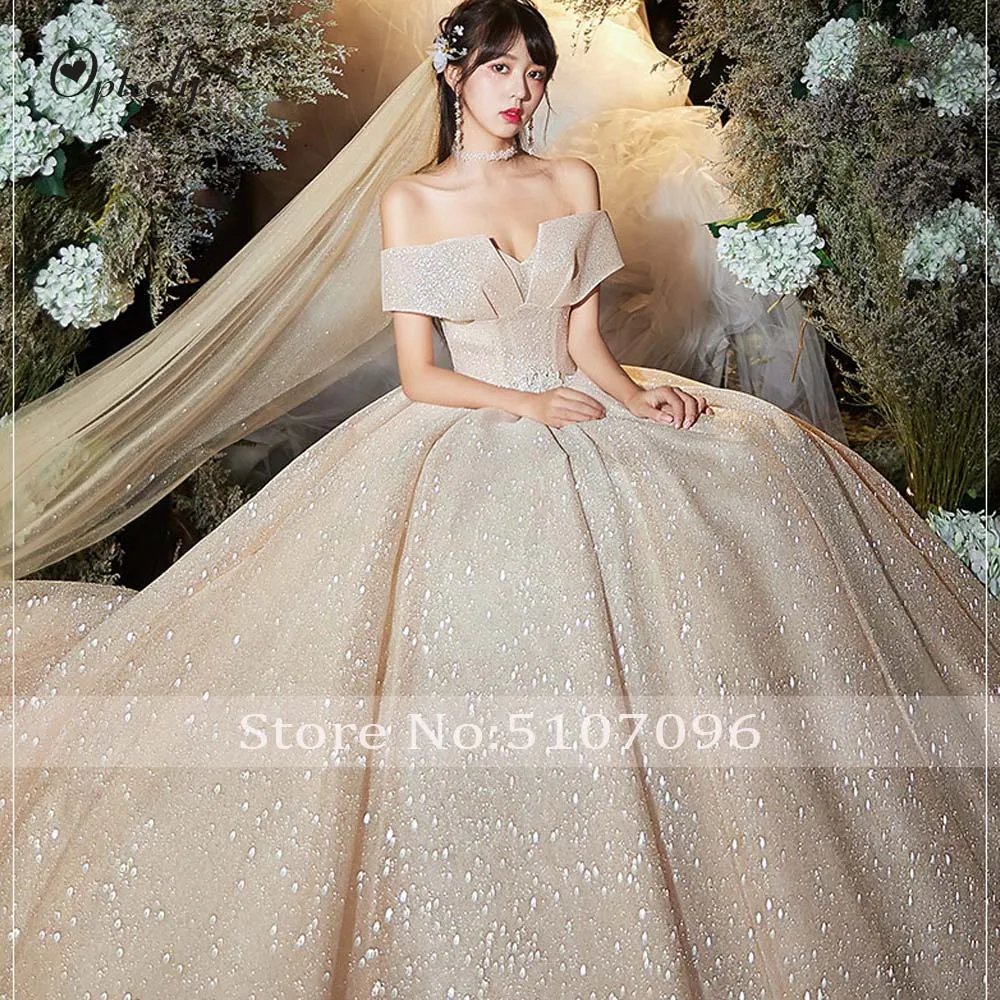 Optcely Robe De Mariee роскошное бальное платье шампанского с открытой спиной и открытыми плечами Свадебные платья качественное блестящее платье невесты