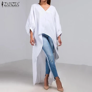 

ZANZEA Women Tops and Blouses Ladies Casual V-neck Lantern Sleeve Shirt Asymmetric High Low Tops Cotton Linen Blusas Plus Size 7