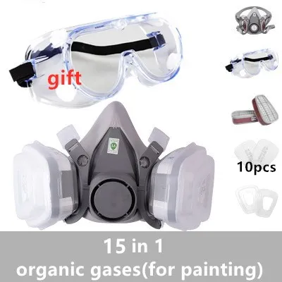 16 In 1 Gas Mask Paint Spray 6200 Respirator Carbon Cartridges 5n11 Dust Filters Resin Safety Eye Protection Glasses Repair disposable protective suit Safety Equipment