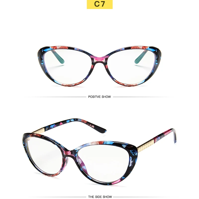 New Designer Woman Flower Optical Glasses Frame Vintage Floral Cat Eye Frame Clear lens Eyewear Black Red Eye Glasses - Цвет оправы: c7-blue flower