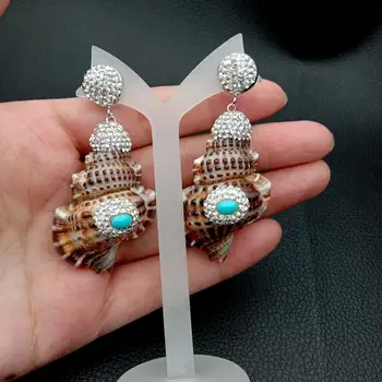 

Natural Fasciolaria Seashell blue cz pave Stud Earrings Gold Color Metal Shell Cowrie Statement Earrings Summer Beach Jewelry