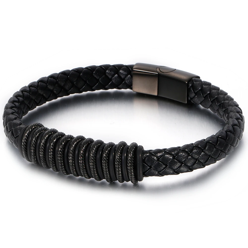 Personalized Braided Genuine Leather Bracelet Men Gold Black Stainless Steel Men's Bracelets Fashion Wrap Bangles Hand Jewelry
