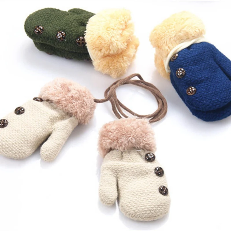 Новое поступление, зимние плотные теплые вязаные перчатки на веревочке для мальчиков и девочек, вязаные перчатки для детей