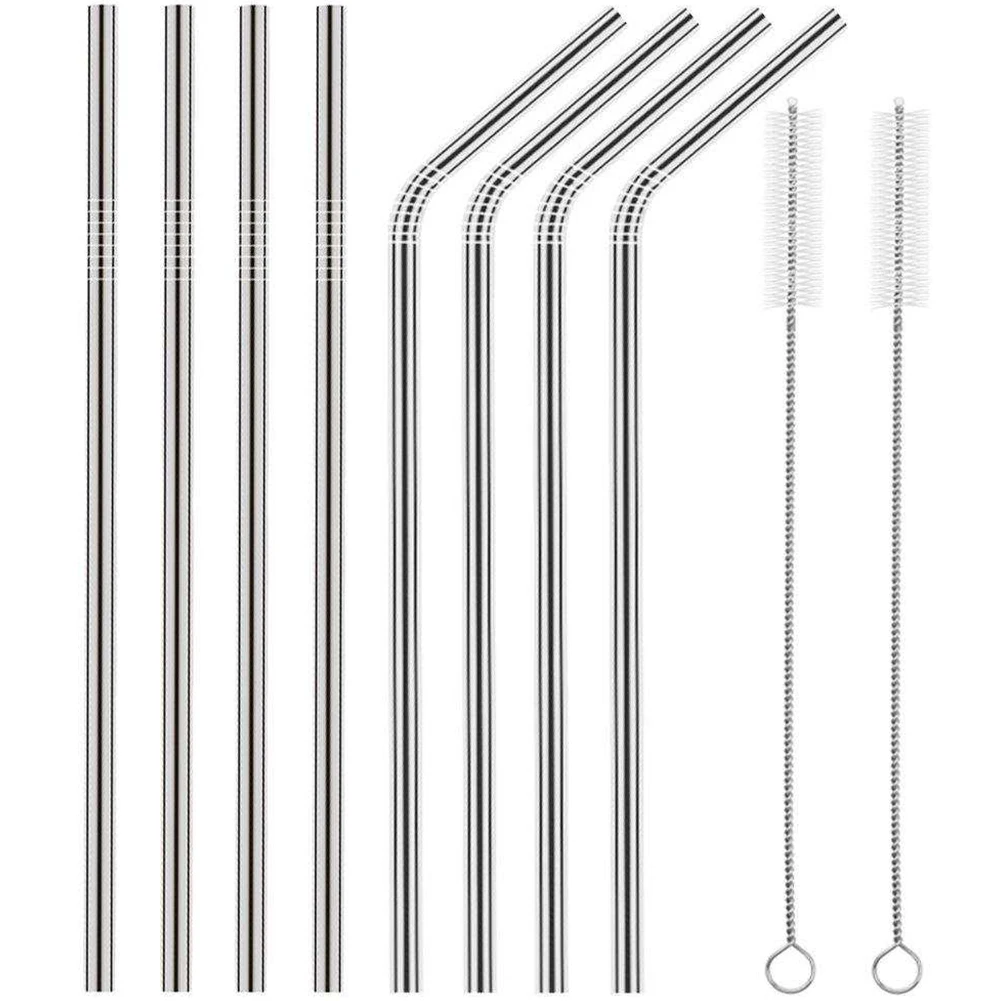 12Pcs Stainless Steel Metal Straws with 2 Cleaning Brushes Reusable Curved Drinking Straws for Tumblers Cold Beverage Silver