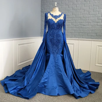 

Long Sleeve Royal Blue Mermaid Evening Dress Formal Gown with Overskirt