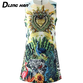 

LINGHAN Vintage Print Beaded Mini Dress Women's Fashion Diamond Sleeveless Straight Dresses Designer Spring Summer New