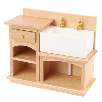 

Wash Basin Cabinet Hand Sink Furniture for Dollhouse Bathroom or Kitchen Decoration 1/12 Miniature Wooden with Ceramic
