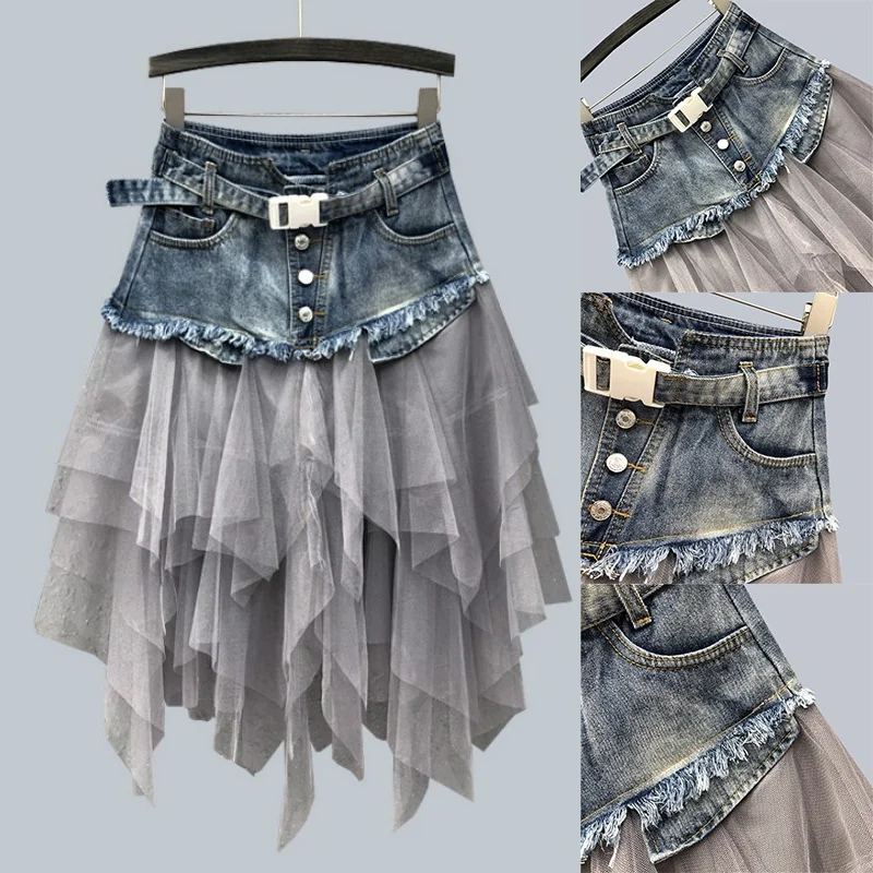 Lace-Skirt Mesh Tulle Asymmetric A-Line Patchwork High-Waist Gothic Women Denim Frill