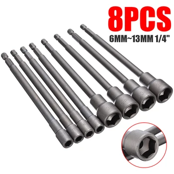 

8pcs 1/4" Hex Shank Nut Driver Socket Set 150mm Length Impact Drill Bits For Self Drilling Screws 6mm~13mm