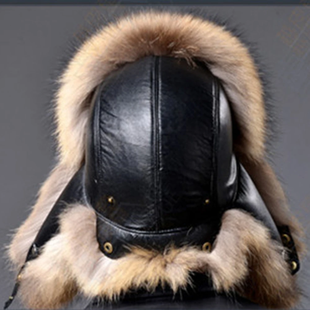 Fashion Men's Plush Winter Outdoor Skullies Beanies Hat Middle-ged Leather Earmuffs Fur Hat Black gray Brown Thick Warm Ski Cap