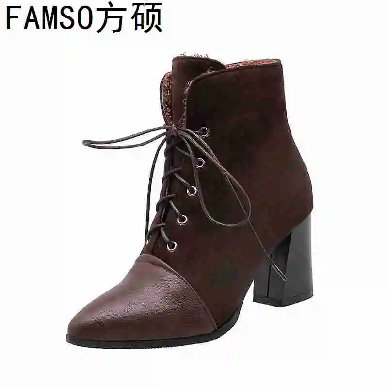 

FAMSO 2019 Shoes Women Boots Hoof Heels Pointed Toe Lace-up Full Fur Ankle Boots Winter Sexy Work Martin Boots Shoes