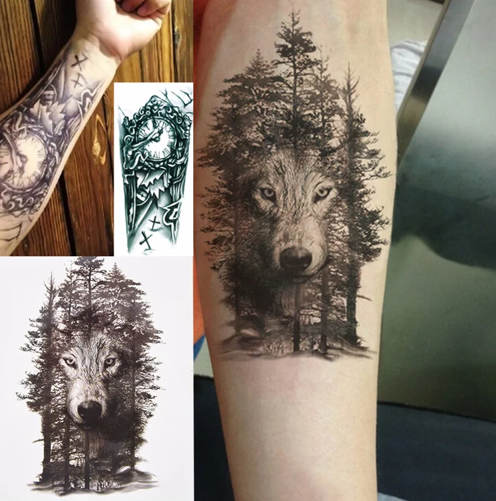 Персональные поддельные татуировки, водонепроницаемые Временные татуировки, наклейки на грудь, часы, волк, лес, тату, наклейки s флэш-тату для женщин и мужчин