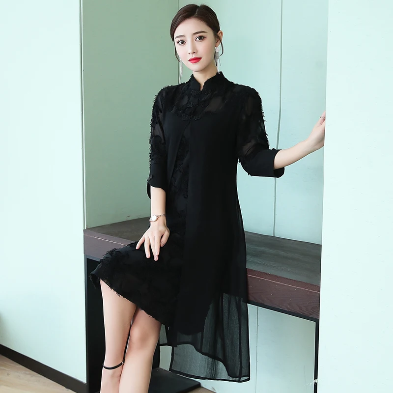 Китайское платье улучшенное Женское Платье До Колена cheongsam китайское традиционное платье с вышивкой воротник-стойка qipao vestidos