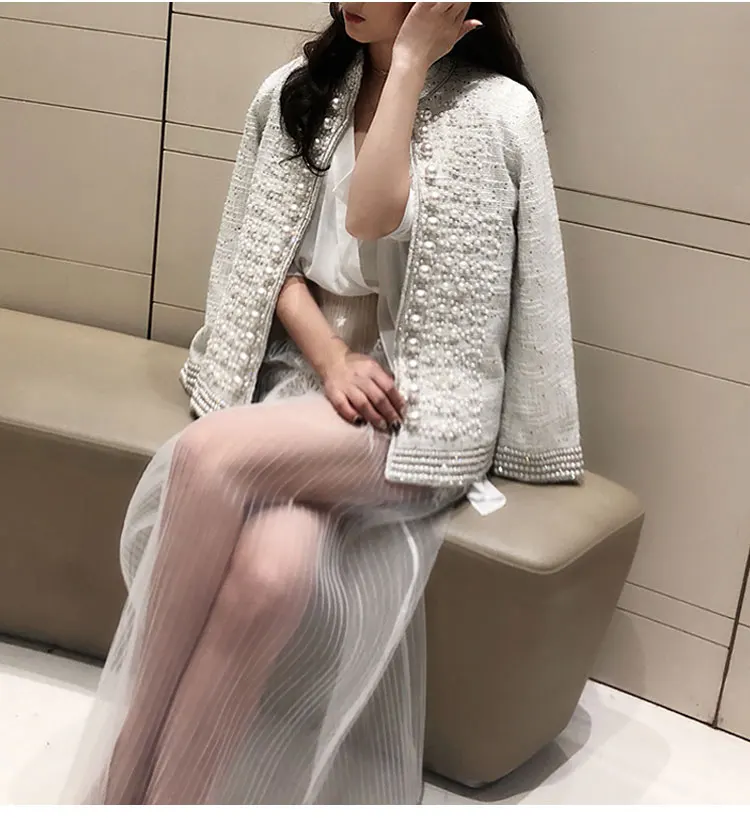 WHITNEY WANG осень зима мода уличная мерцающие Стразы жемчуг бисер твидовая куртка Женская Офисная Дамская Куртка Верхняя одежда