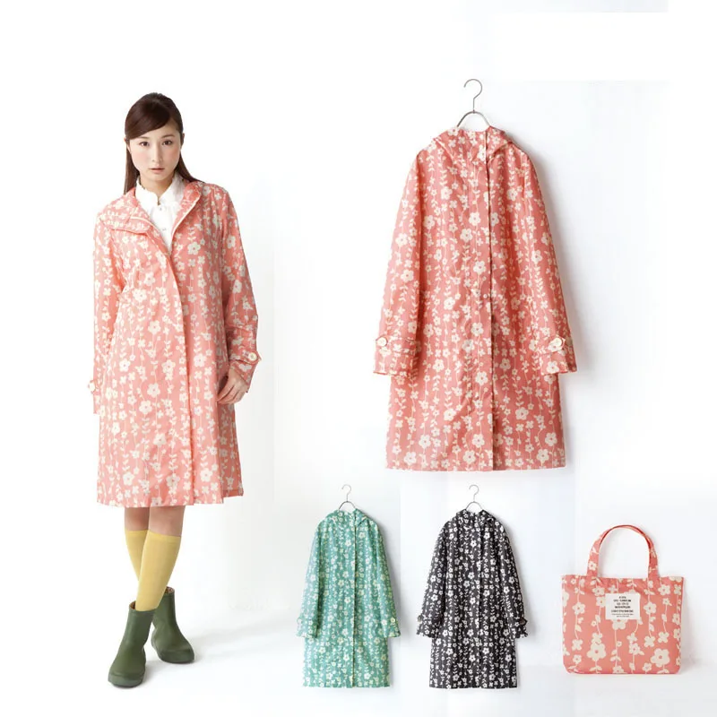 Розовый Женская мода с капюшоном длинный плащ полиэстер сплошной цвет с маленьким цветком пончо непроницаемый в целом путешествия пластиковые дождевики - Цвет: Розовый