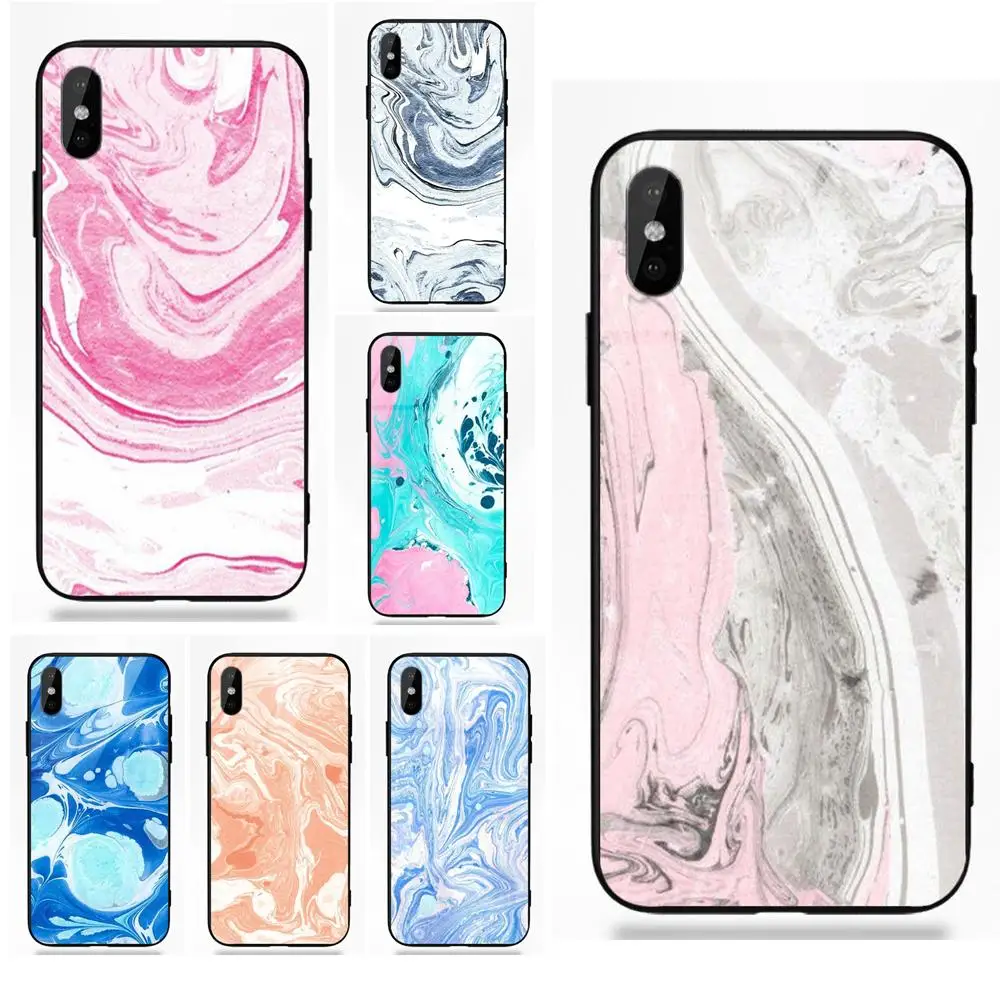 Silicone TPU Frame Tempered Glass Phone Cases For Apple iPhone X XS Max XR 5 5C 5S SE 6 6S 7 8 Plus Pink And Aqua Marble Printed | Мобильные