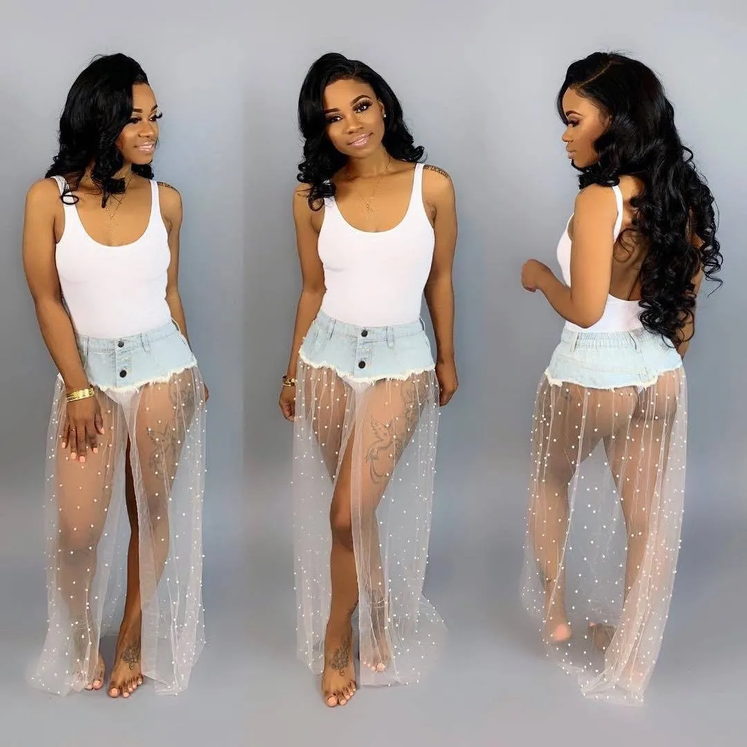 Sexy Polka Dot Mesh Patchwork Long Skirt Casual New Women Transparent High Waist Loose Skirt Beach Denim Skirts