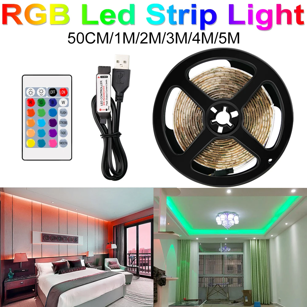 

5V Waterproof RGB Strip Light LED Flexible Ribbon Wireless Remote Control RGB USB Tape Diode 16 Colour 2835 SMD 0.5 1 2 3 4 5 M