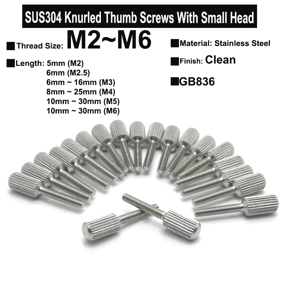 M2 M2.5 M3 M4 M5 M6 SUS304 Stainless Steel Knurled Thumb Screws With Small Head GB836 Hand