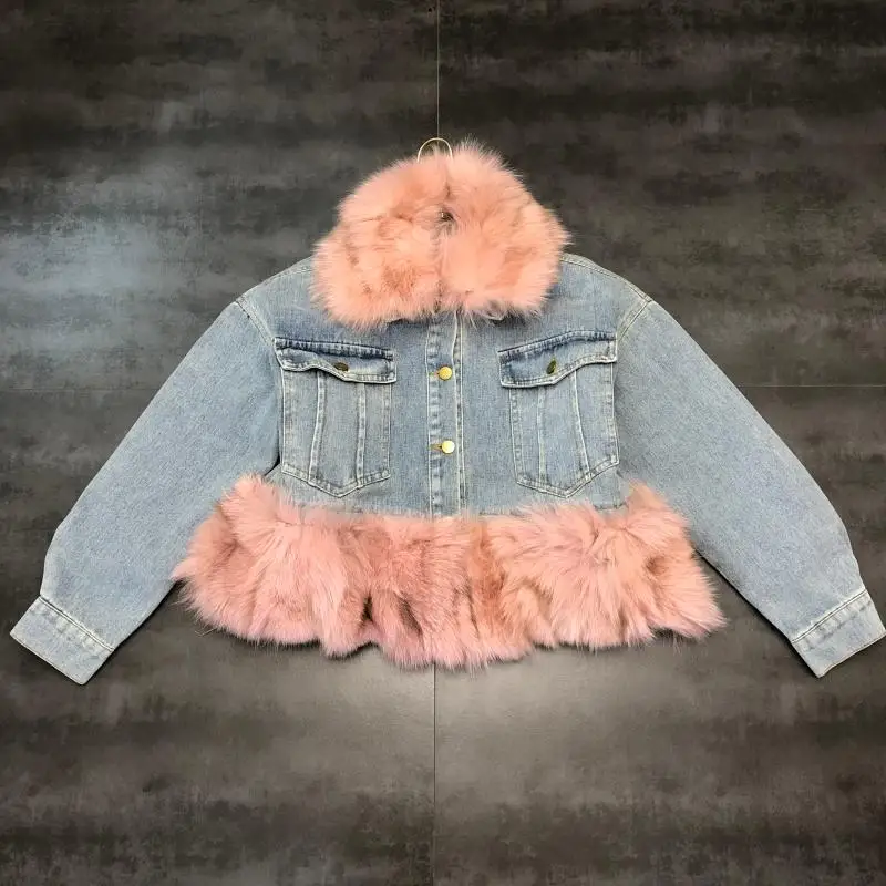 Осенне-зимняя стеганая куртка с большим воротником из меха лисы джинсовая куртка с подолом - Цвет: Розовый