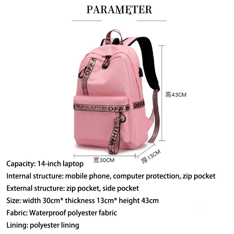 Новая повседневная Наплечная Сумка для студента с usb-разъемом для зарядки нейлоновый розовый рюкзак для путешествий белые рюкзаки для девочек и мальчиков ноутбук