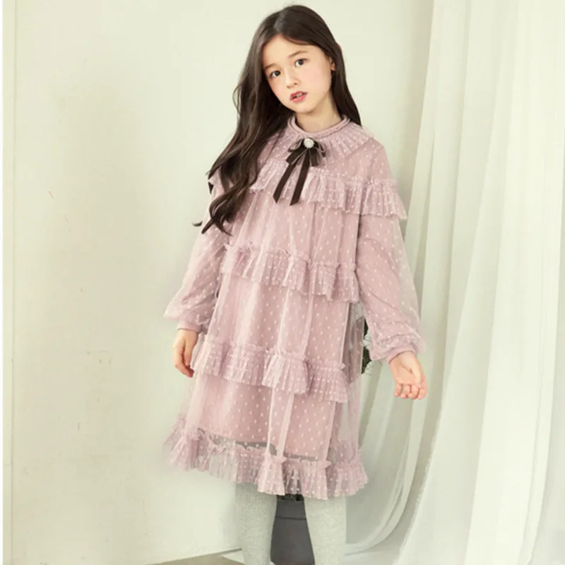 

DFXD Korean Teen Girls Birthday Party Dress Winter Long Sleeve Plus Velvet Mesh Ball Gown Cake Dress For 3-12Yrs Girls Clothes