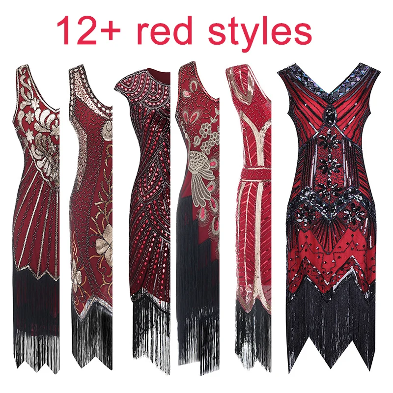 

Women's 1920s Flapper Fringe Beaded Great Gatsby Party Dress with Costume Set Plus Size (Red Dress )