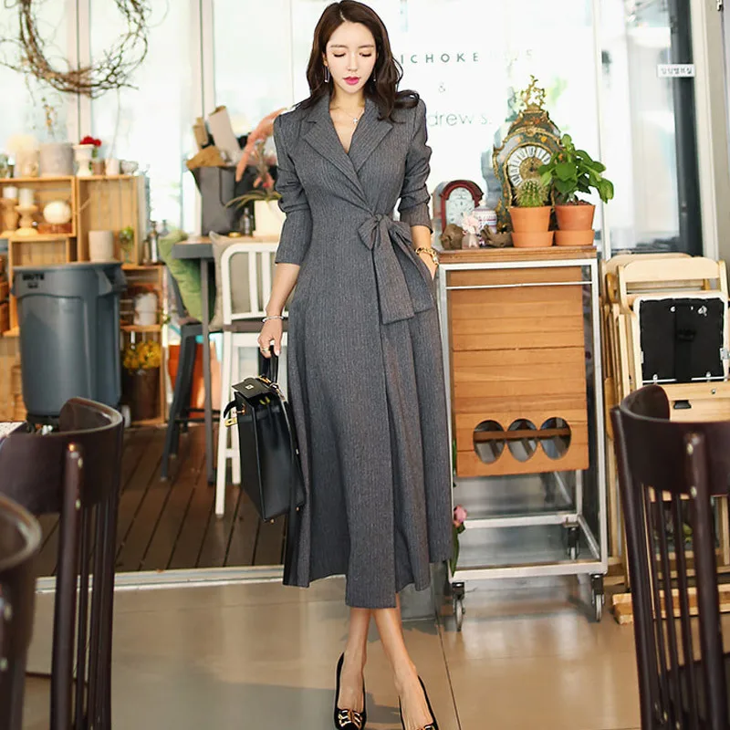 

WOMEN'S Dress 2019 New Style Debutante Elegant Suit Collar Lace-up Waist Hugging Long Suit Trench Coat Women's