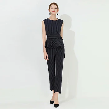

2020 Summer New Fashion High Quality Party Workplace Vest Top Slim Trousers Vintage Elegant Chic Stripes Casual Women'S Sets