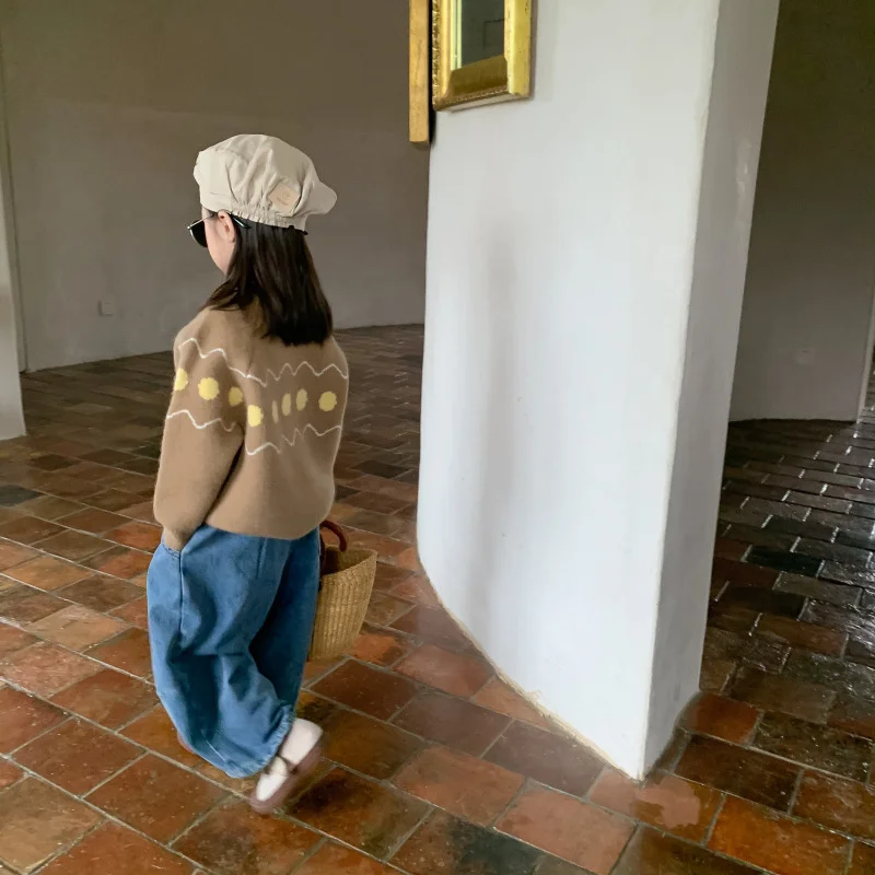 2-7T Children Polka Dot Sweater Fashion Long Sleeve Sweaters For Boys And Girls Soft Loose Casual Knitted Cardigans