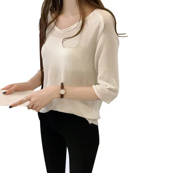 

Spring Summer New Solid Color Women Thin Knit Top Korean Style Loose Casual Half Sleeve V-neck Sweater