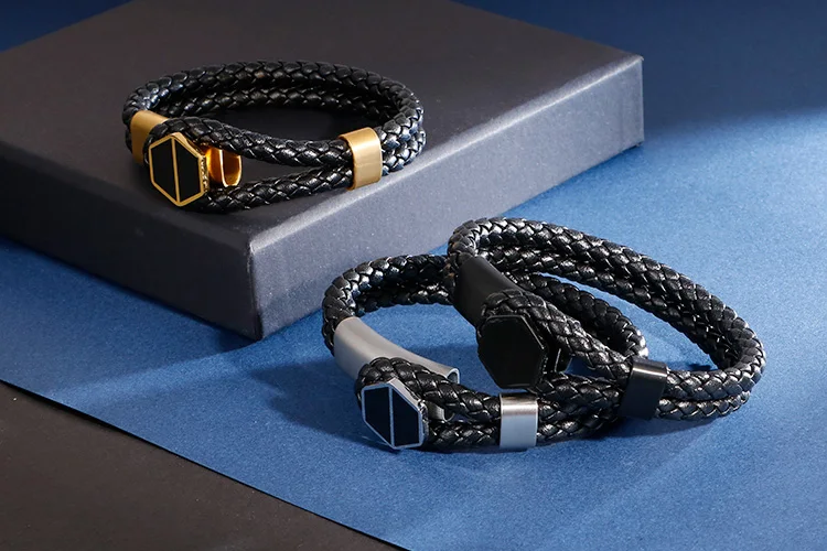 20cm Stainless Steel Gold/Silver/Black Hexagon Bracelet Men's Charm Double Layer Leather Bracelet Homme Jewelry Accessory