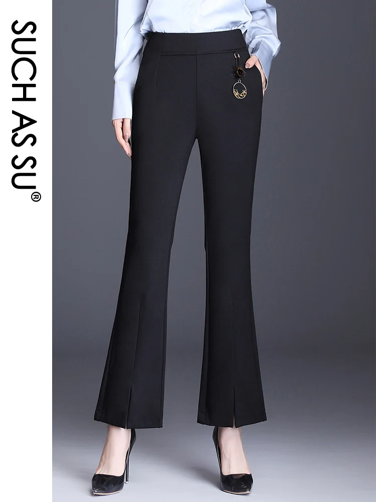 Black Pants Новые Вязаные расклешенные женские брюки осень зима черные эластичные с высокой талией Лоскутные Длинные брюки M-4XL размера плюс расклешенные брюки - Цвет: Black Pants