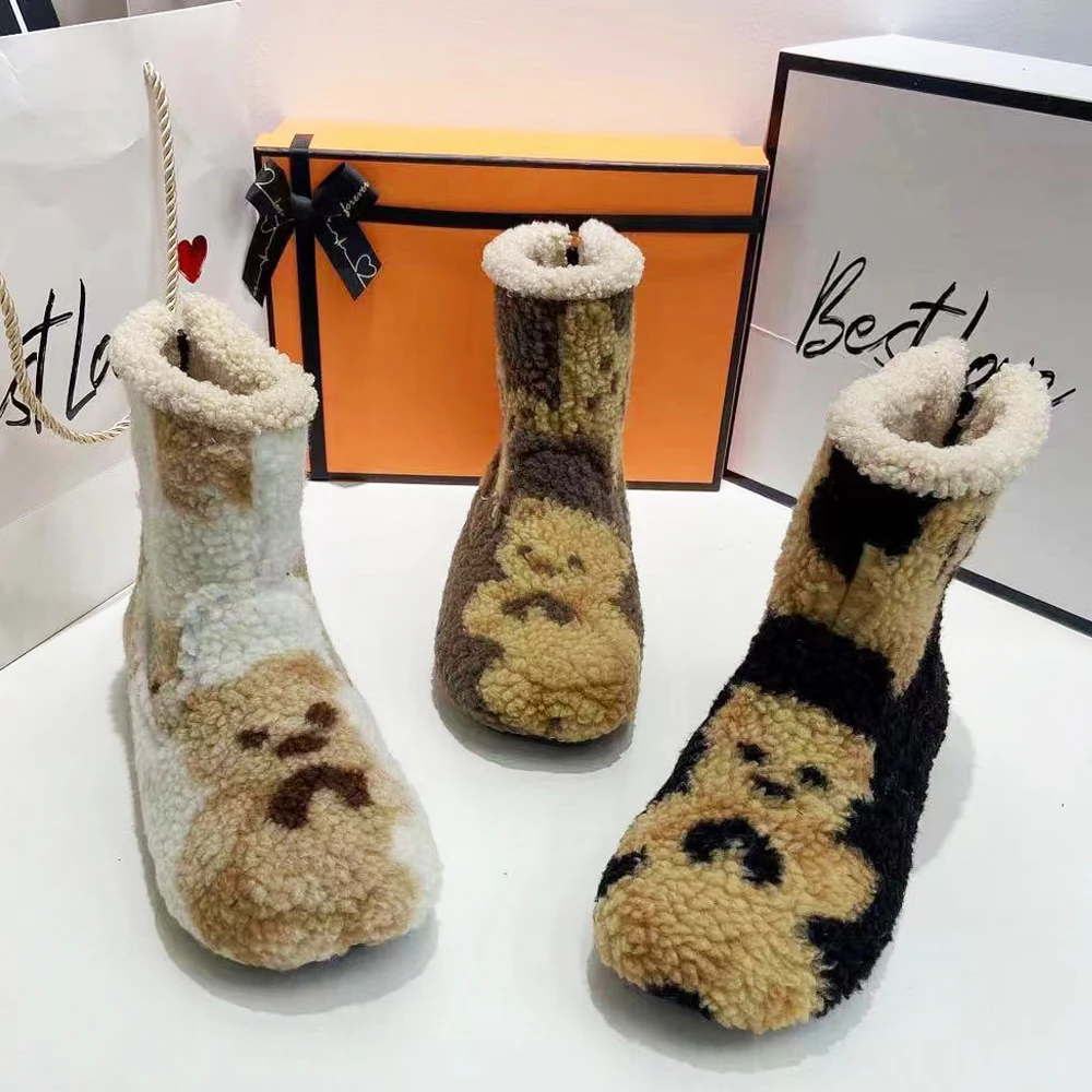 Зимние женские ботинки обувь с мультяшным медведем милые теплые меховые модная