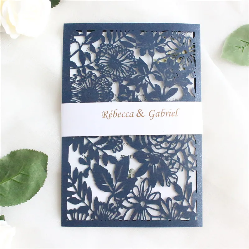 navy blue Сельская пригласительная открытка лист цветочный поздравительная открытка с лентой живота темно-синий темно-зеленый бордовый кофе печать на заказ 50 шт - Цвет: navy blue