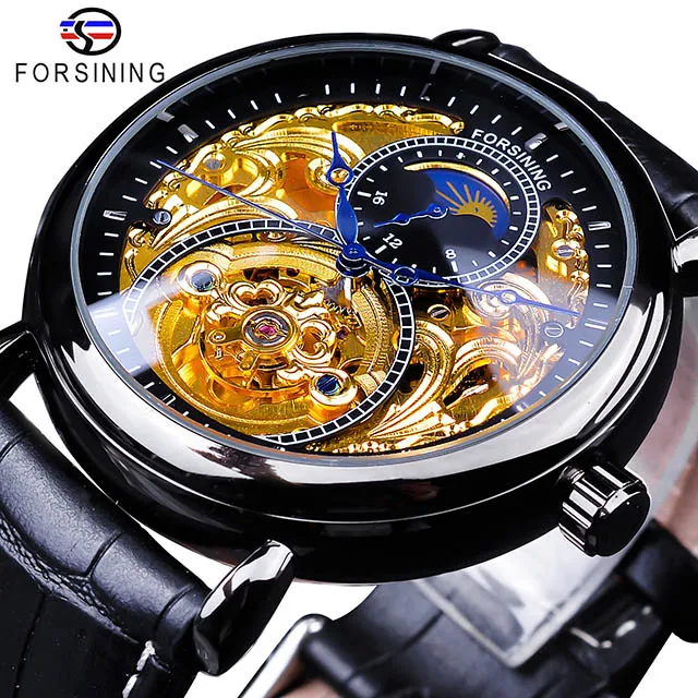 GMT1125-4 Forsining Королевский Золотой Скелет дисплей синие руки коричневый Натуральная кожа ремень мужские механические наручные часы мужские - Цвет: GMT1125-4
