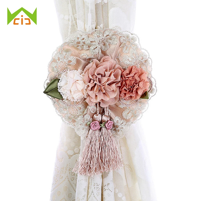 WCIC Blue Fabric Curtain Strap With Delicate Tassels And Beautiful Fake Flower Curtain Holder With Clip