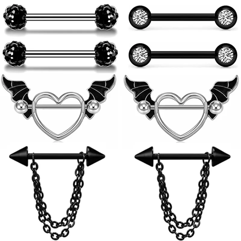Stainless Steel Heart Nipple Piercing Set 14G Black Angel Wing Lot Tongue Barbell Bulk Crystal Ring Pack | Украшения и аксессуары