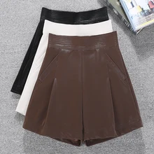 Pantalones cortos de cuero para mujer, Shorts de cintura alta, pierna ancha, PU, informales, combinan con todo, otoño e invierno, 2021