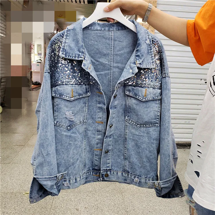 

2019 new fashion glitter sequins stitching blank worn lapel denim jacket