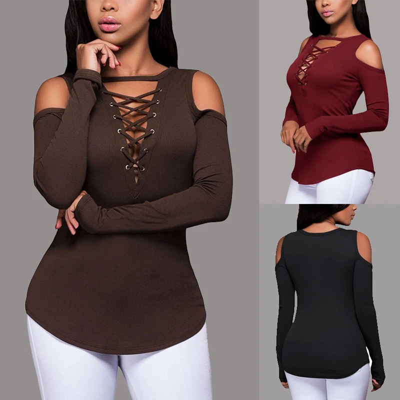

Fashion Women Sexy Deep V Neck Lace Up Tops Autumn Long Sleeve Off Shoulder Blouse Casual Shirt Blusas Femininas Size S-2XL