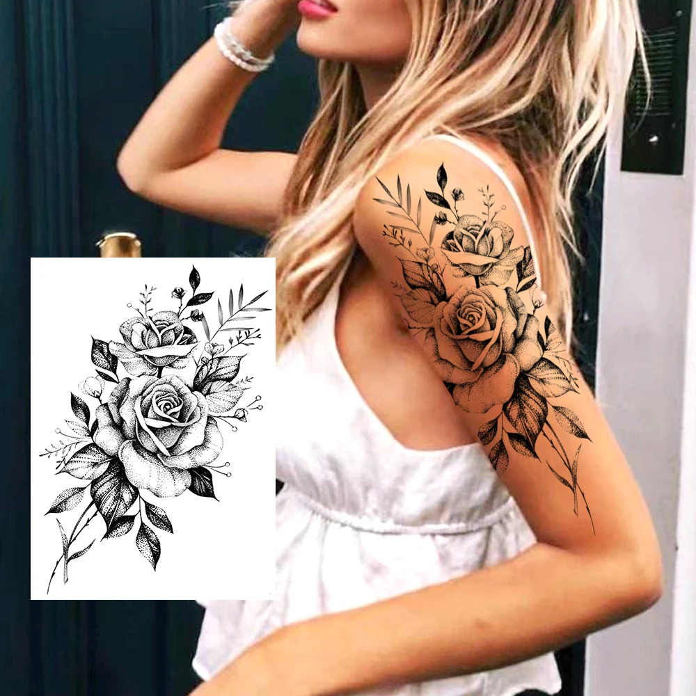 Geometrische Bloem Tijdelijke Tattoos Sticker Realistische Fake Waterdichte  Zwarte Roos Tatoos Voor Vrouwen Meisje Body Art Arm Benen Tattoo -  AliExpress, image size:1000x1000