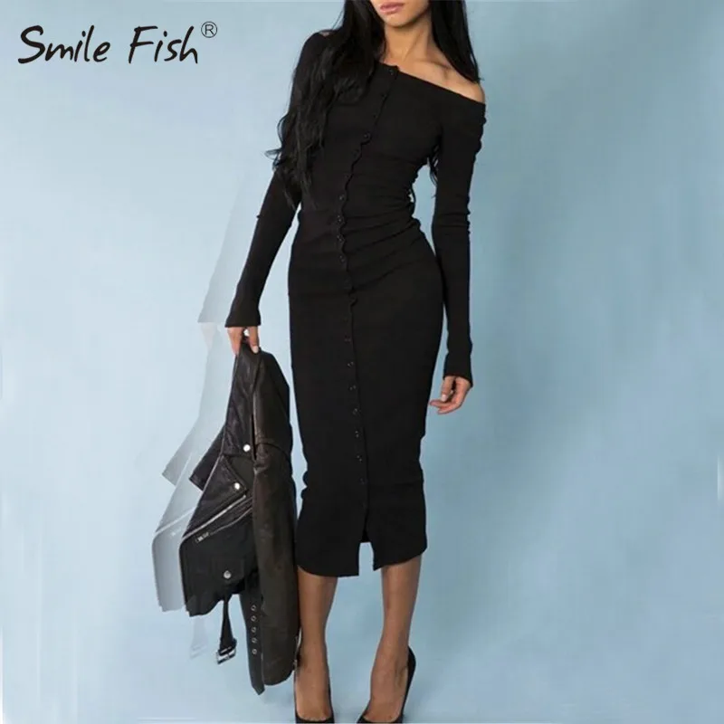 

Slash Neck Buttons Feminina Sheath Jurken 2019 Vintage Off Shoulder Sexy Skinny Party Dress Curto Women Bodycon Dress Robe GV869