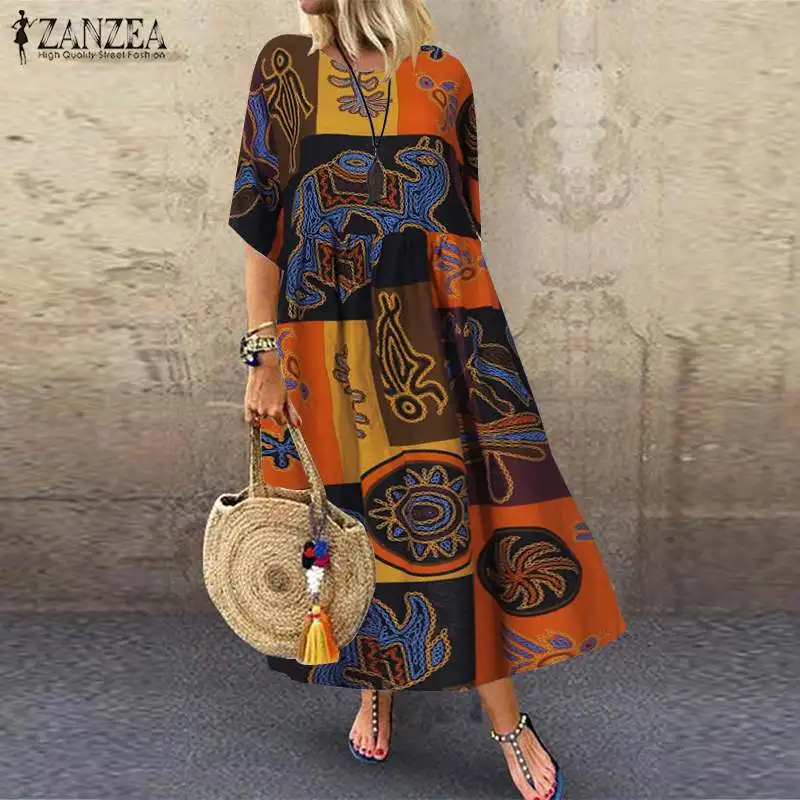 Винтажное женское длинное платье макси Vestidos ZANZEA летнее платье женское платье с принтом длинная рубашка платья Повседневное свободное нарядное платье халат